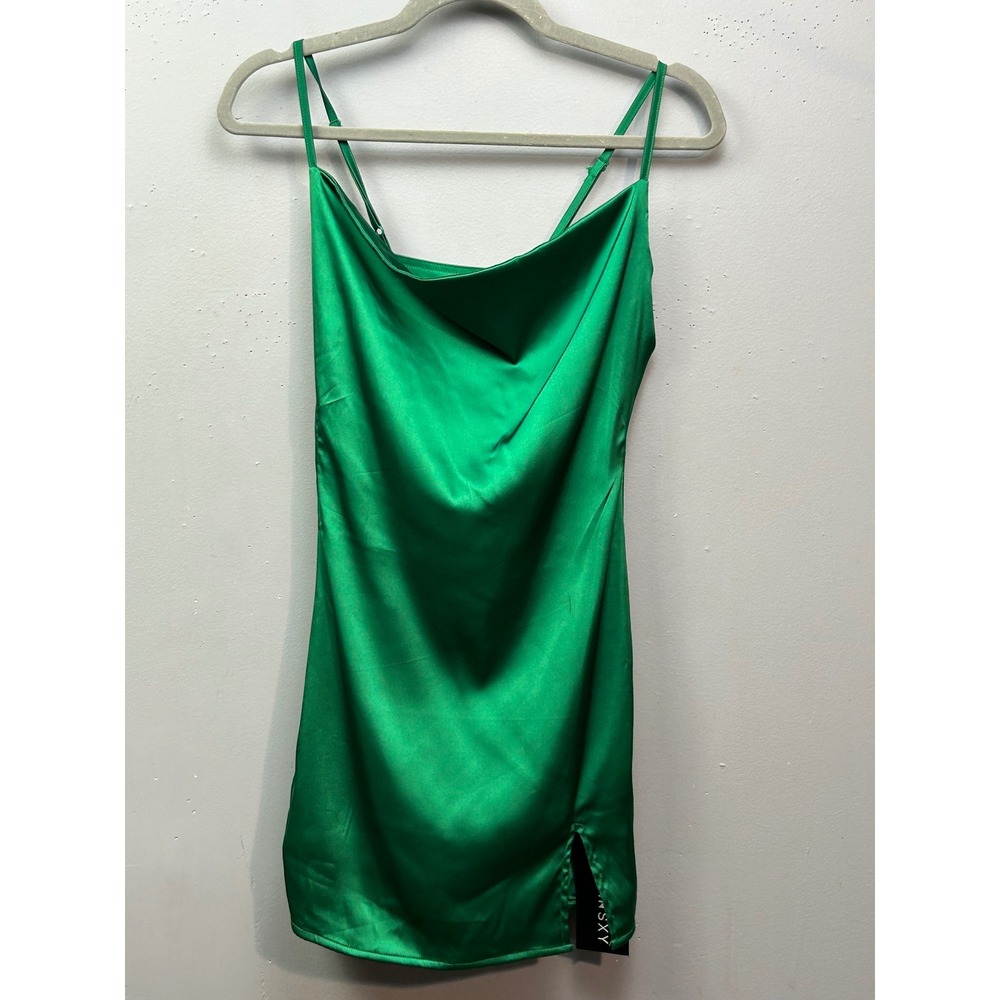 SHEINSXY Mini Dress Womens XS Green Cowl Neck Satin Slip Side Slit Party Dress